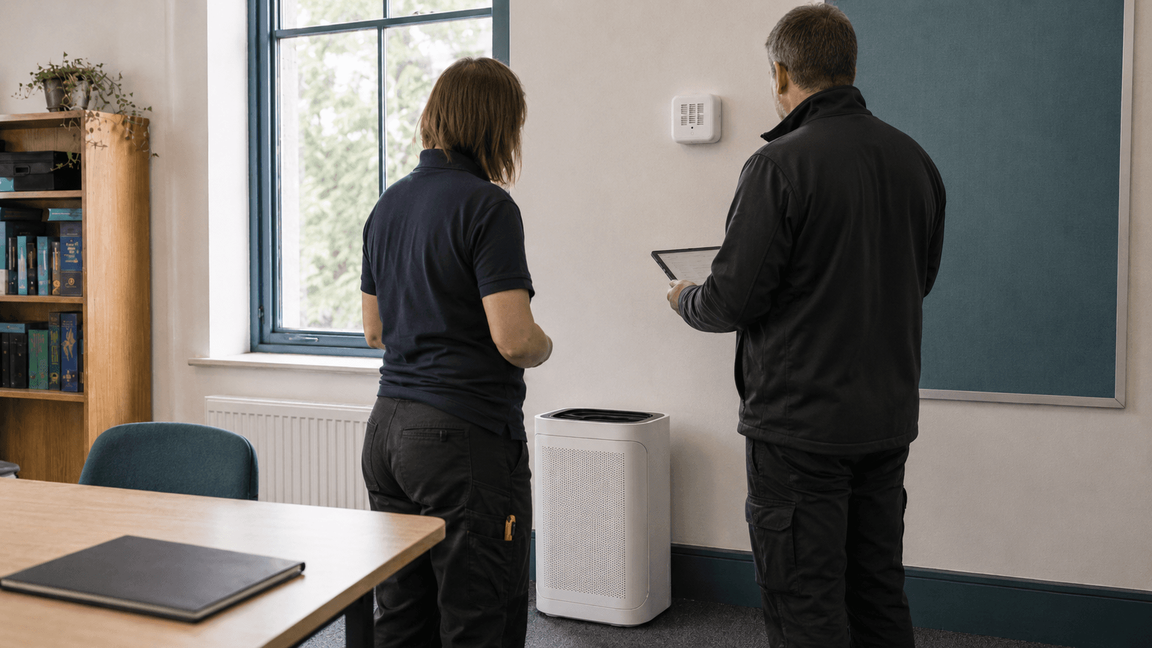 Partner and facilities team reviewing an indoor air intervention