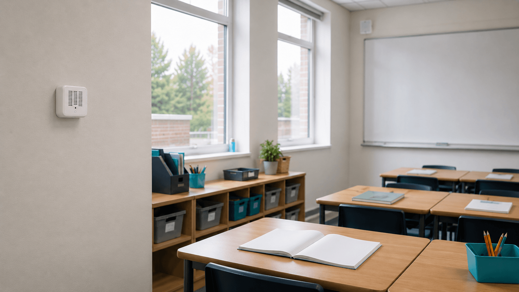 Aeroshi air-quality sensor installed on a classroom wall for a school monitoring study