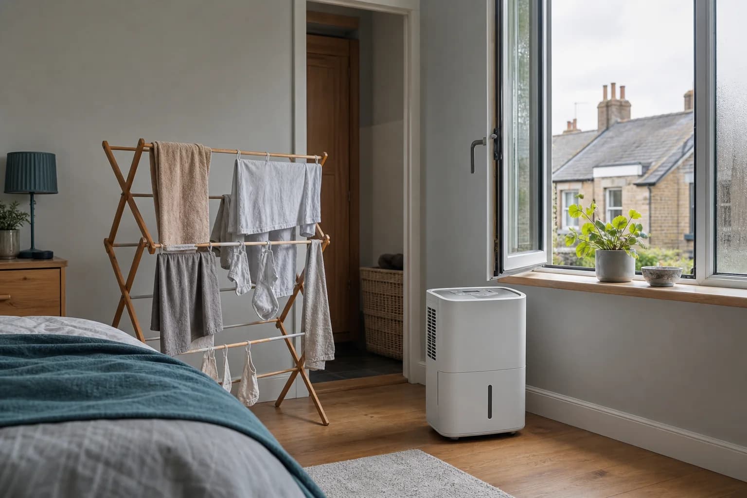 A dehumidifier, drying laundry and an open window in a British bedroom