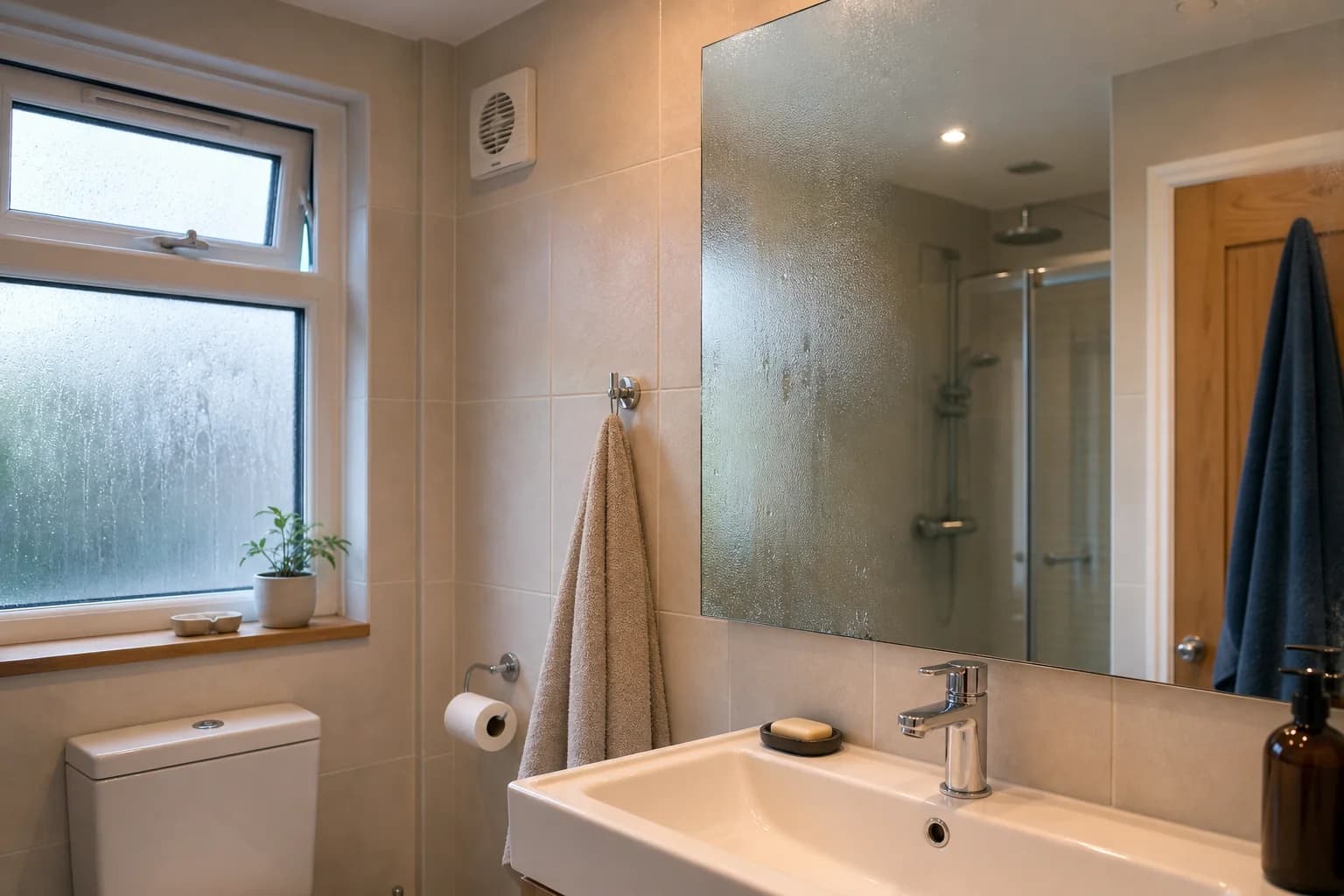 A bathroom after a shower with temporary condensation on the mirror and window