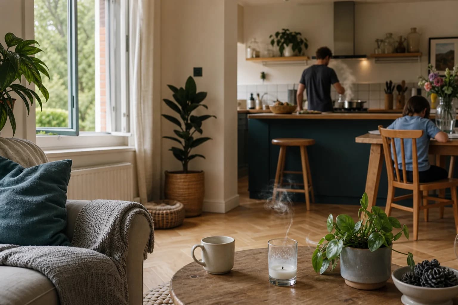 Everyday activity in an open-plan kitchen and living room