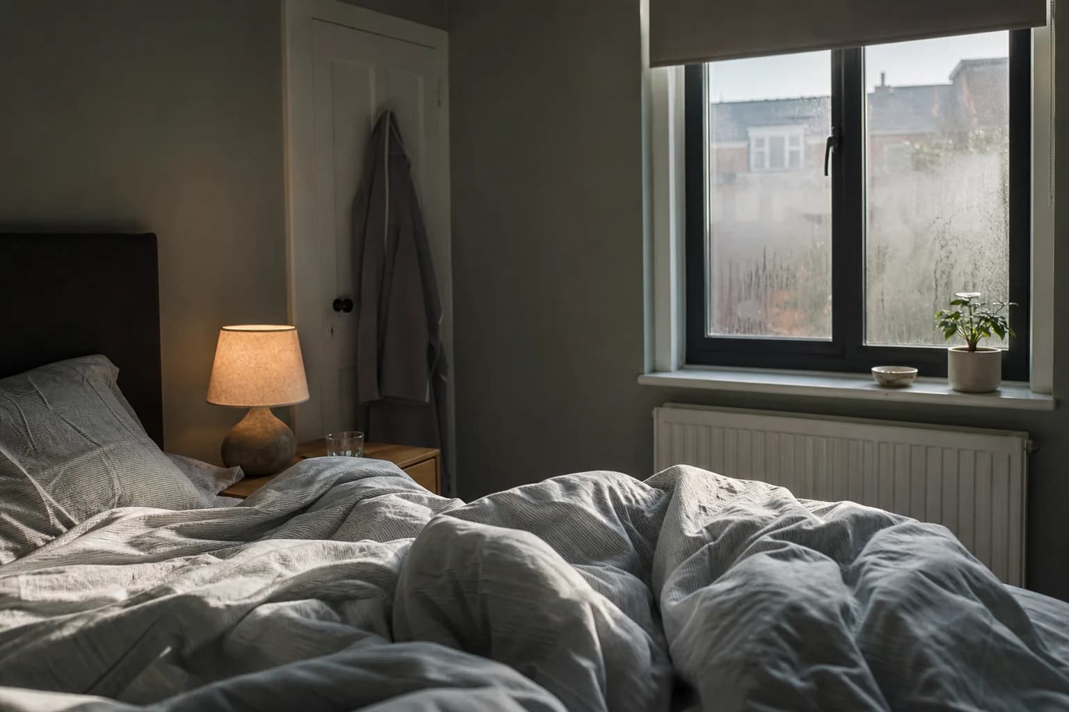 A lived-in bedroom at first light after a night of sleep