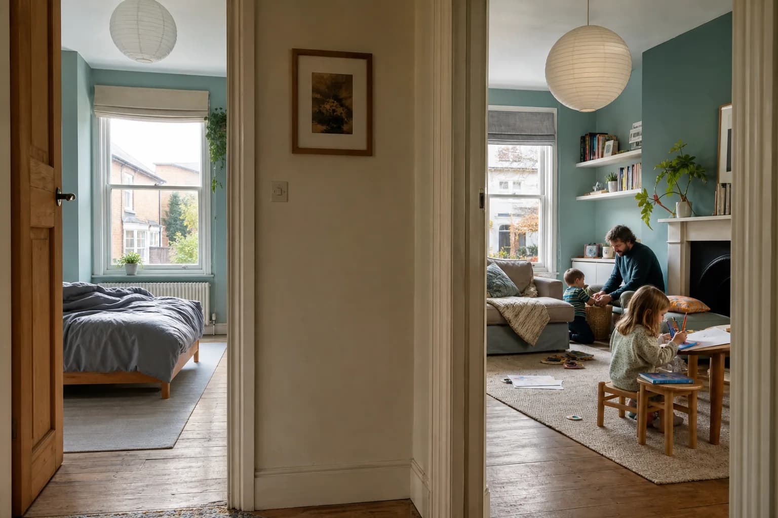 A quiet bedroom and an occupied living room seen from the same hallway