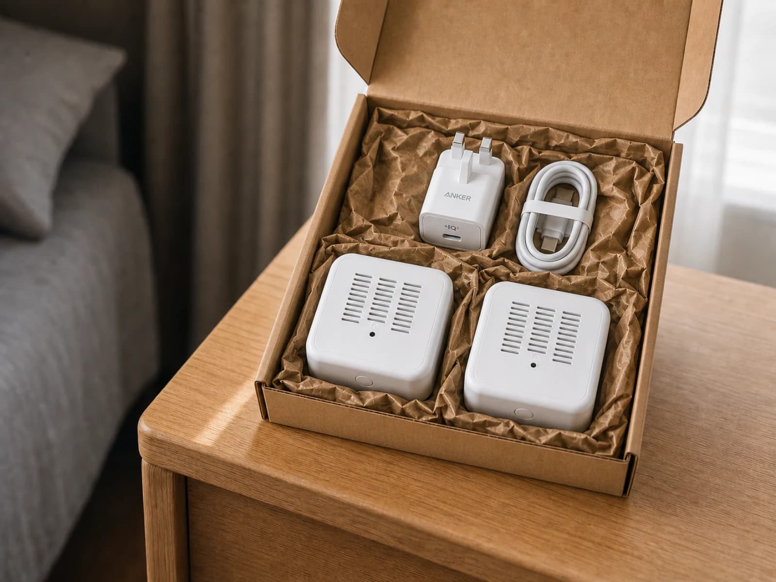 Home Air Check package containing two Aeroshi monitors, an Anker charger and USB-C cable