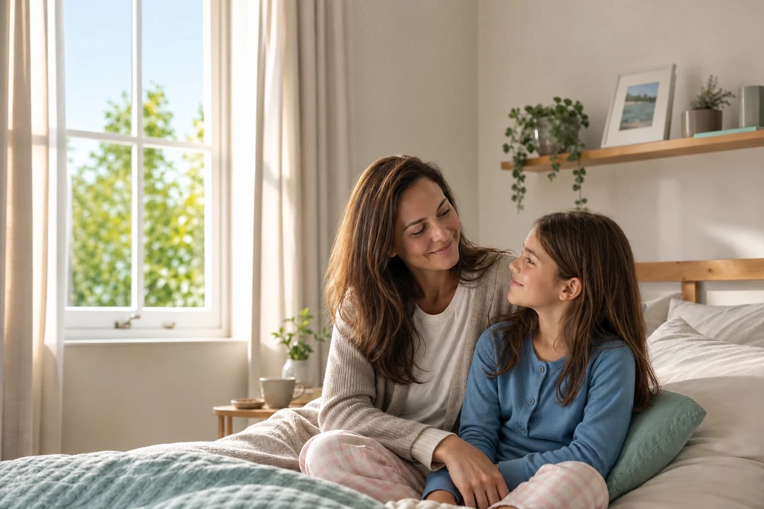 A mother and daughter sharing a relaxed morning together in a bright family bedroom