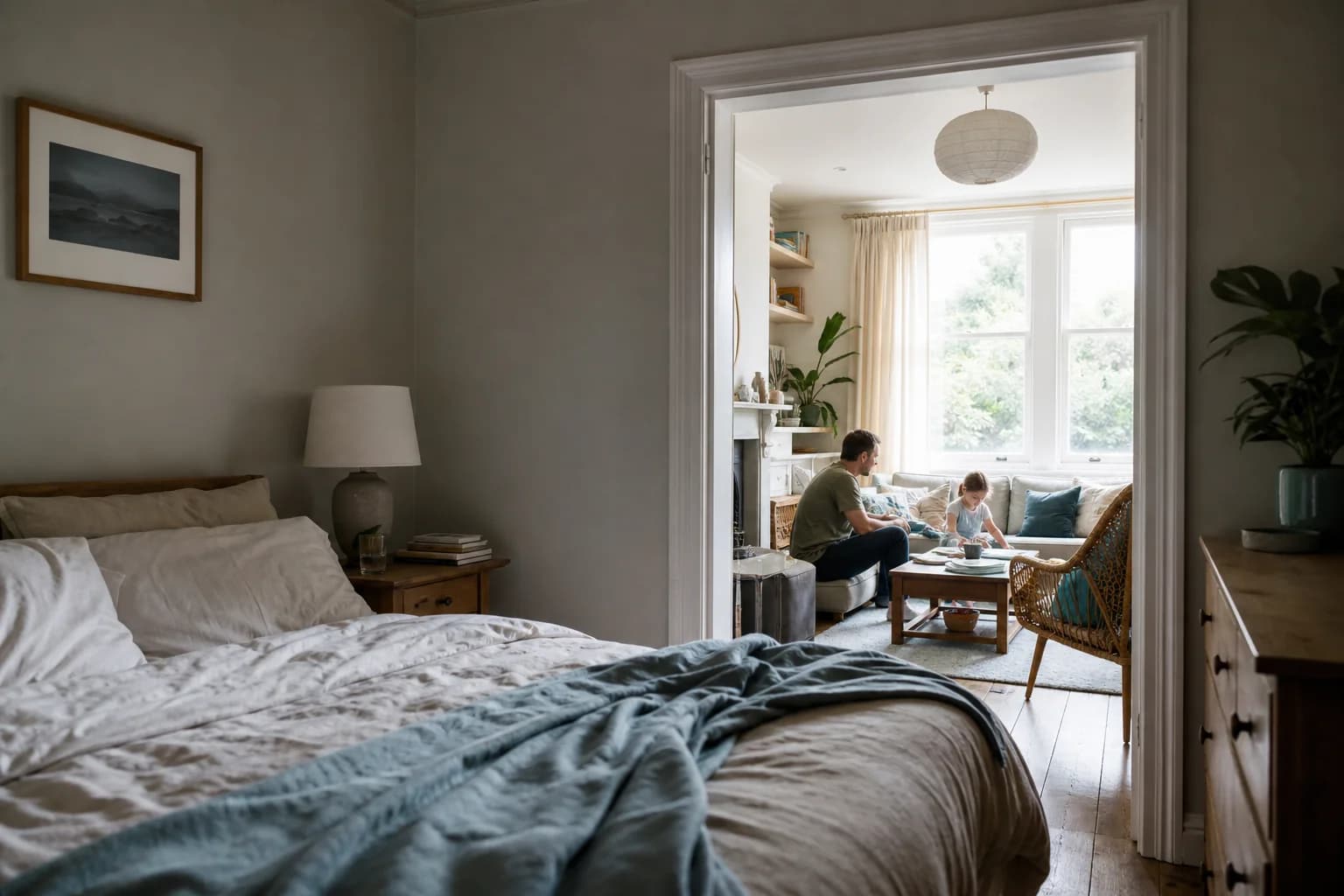 A bedroom and occupied living room connected through a wide doorway