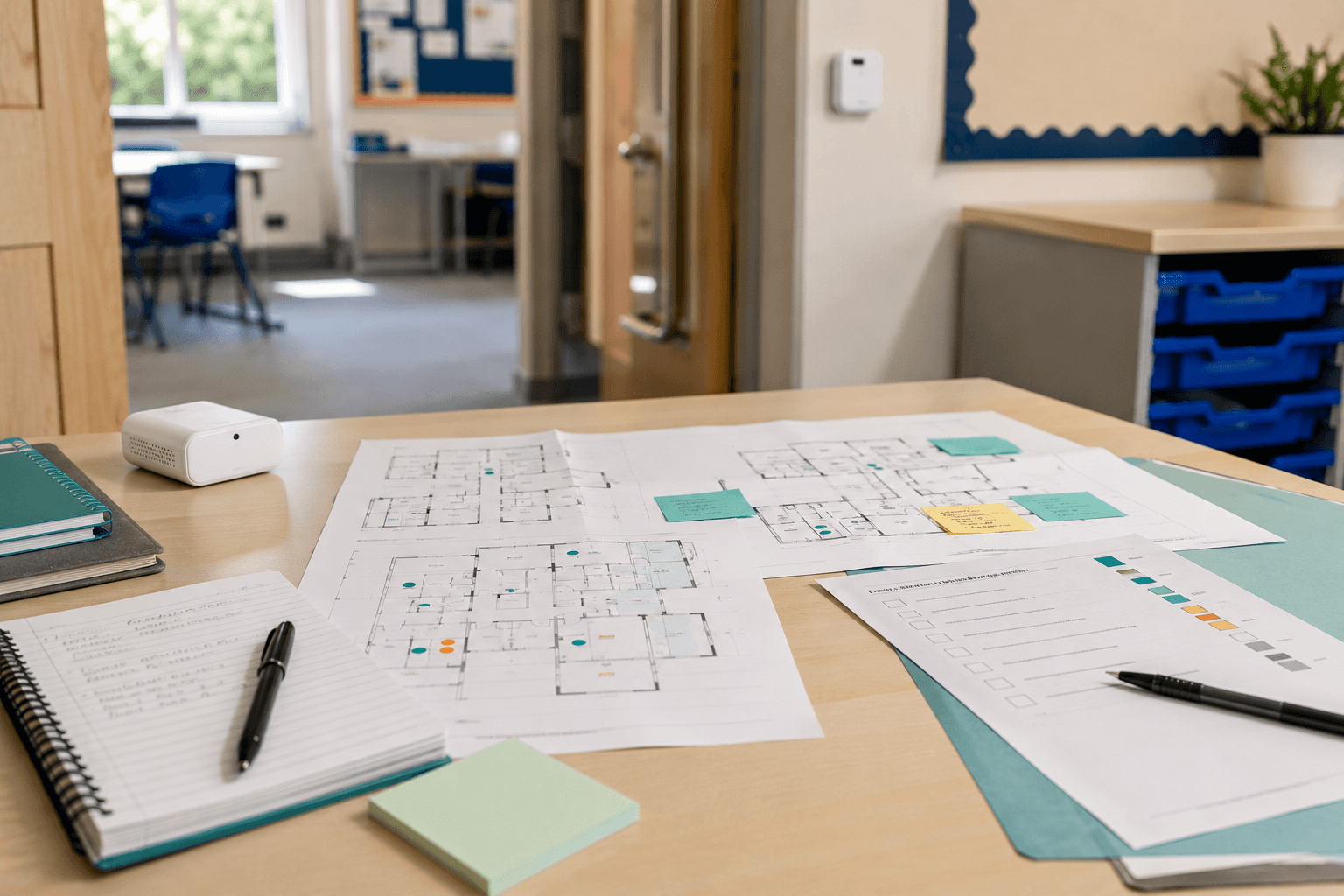School monitoring study planning table with floorplans, room notes and an Aeroshi air-quality sensor